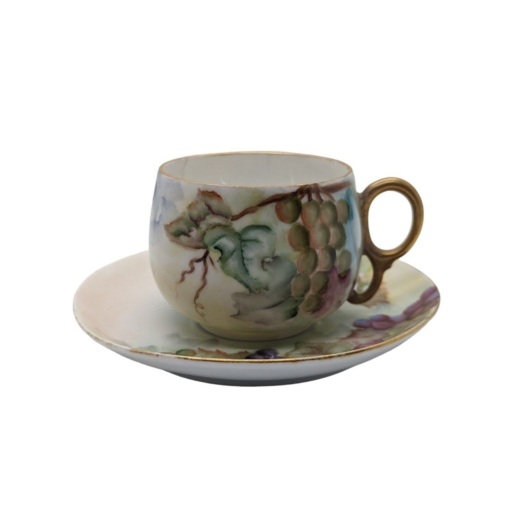 Antique Teacup Tea / Coffee Cup & Saucer Set Germany Hand Painted 1912 Grapes
